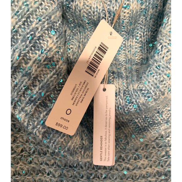 CHICO'S Turquoise Blue "Dorothy" Off-Shoulder Sequins Long-Sleeve Sweater NWT S - Picture 6 of 9